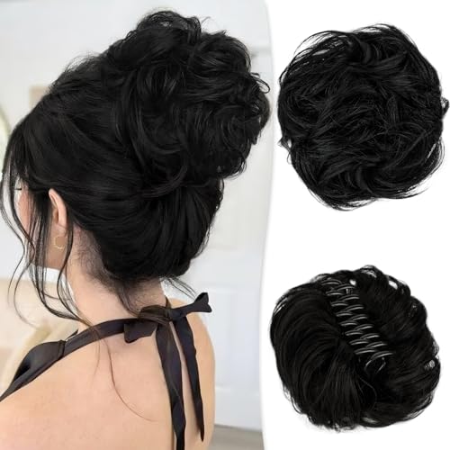 RUWISS Claw Clip Messy Bun Hair Piece Real Human Hair Buns Curly Chignon Hair Bun Extensions Wavy Tousled Updo Hair Buns Claw Clip Ponytail Hairpieces Hair Scrunchie with Clip for Women(Light Brown)