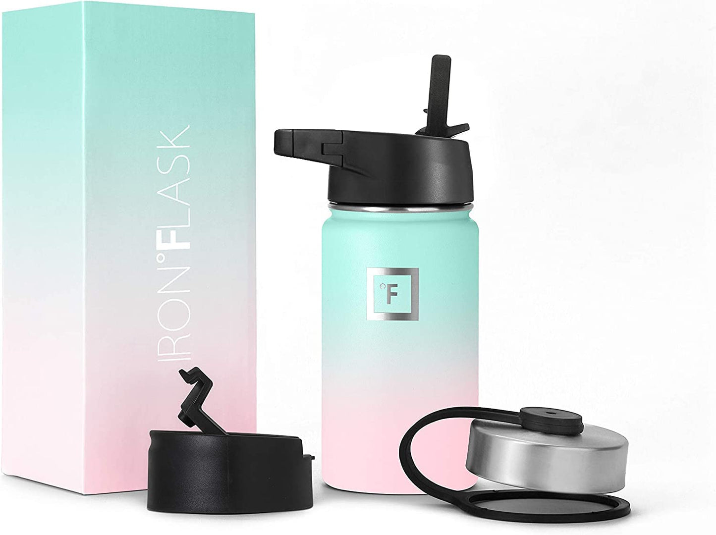 IRON °FLASK Camping & Hiking Hydration Flask, Wide Mouth, 3 Straw Lids, Stainless Steel Outdoor Water Bottle, Double Walled, Insulated Thermos, Metal Canteen - Bubble Gum, 14 Oz