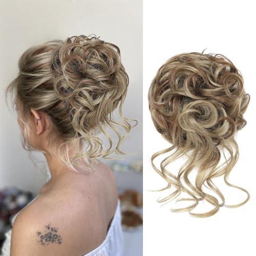 KETHBE Messy Bun Hair Piece Tousled Updo Hair Buns Extension Elastic Hair Band Hair Pieces Curly Hair Bun Scrunchie For Women (Taupe Brown Mix Dark Ash Blonde)