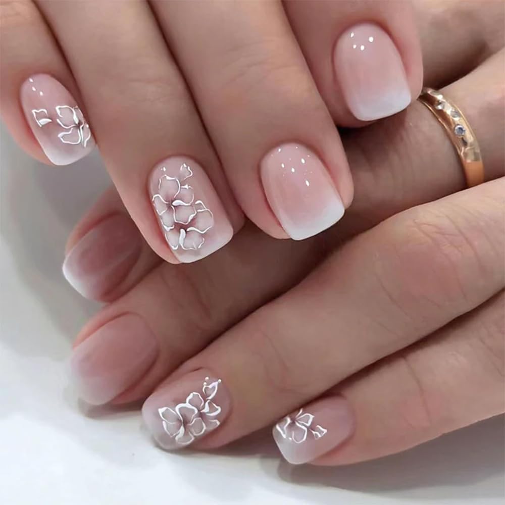 Press on Nails Short Square Acrylic Fake Nails with Apricot Design Full Cover False Nails Glossy Nude Glue on Nails Artificial Stick on Nails for Women 24Pcs (Flower Light Pink)