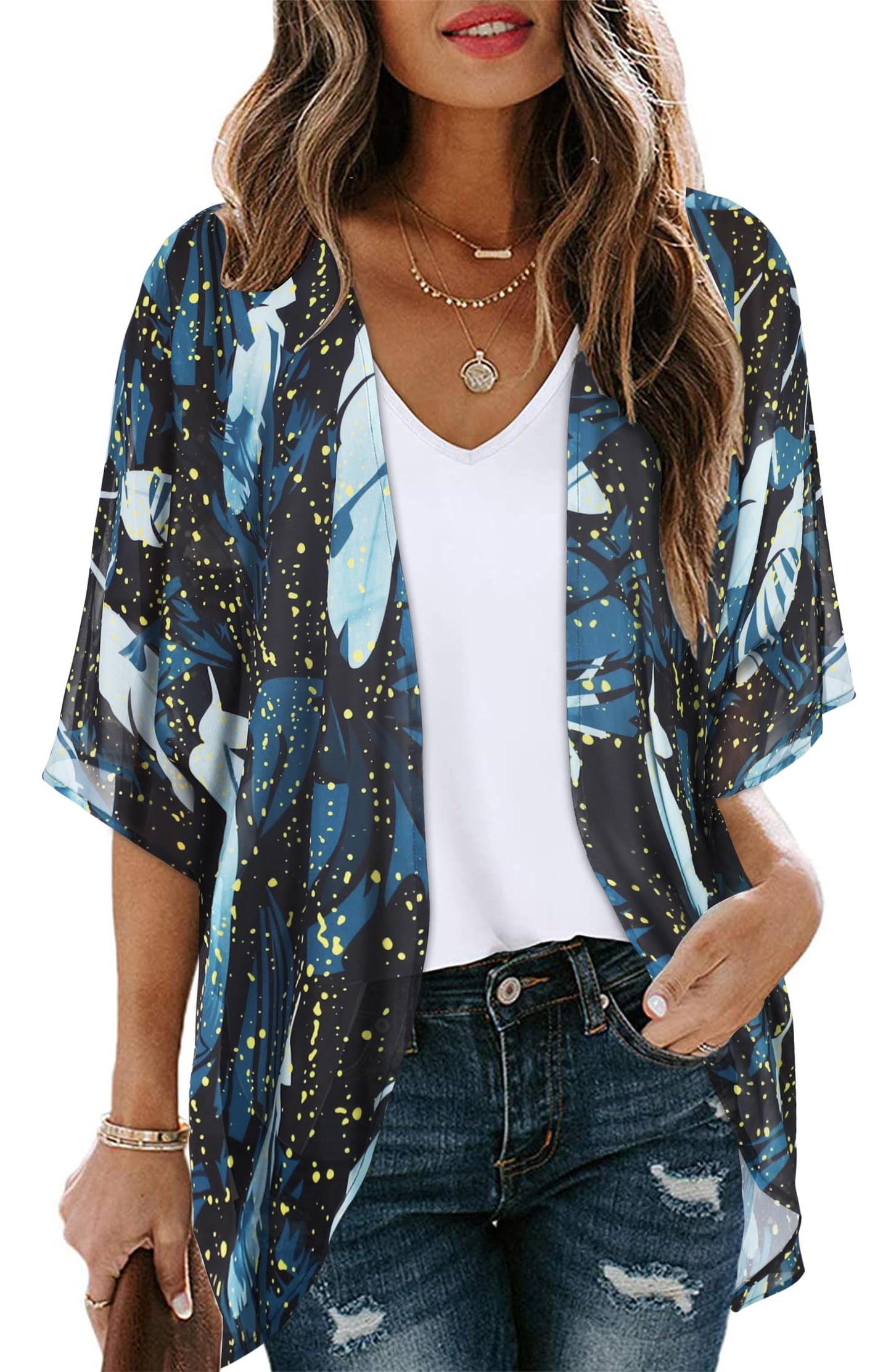Womens Casual Coverup Summer Kimono Cardigan Hawaiian Shirts Loose Blouse Duster (Firefly Blue Print,S)