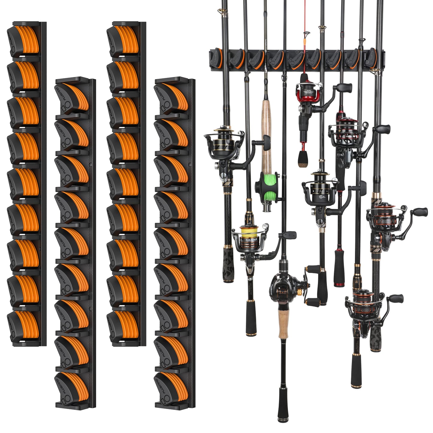 PLUSINNO V9 Vertical Fishing Rod Holders, 4 Packs Wall Mounted Fishing Pole Holders, Fishing Rod Racks Hold Up to 36 Rods or Combos, Fishing Rod Holders for Garage, Fits Most Rods of Diameter 3-19mm