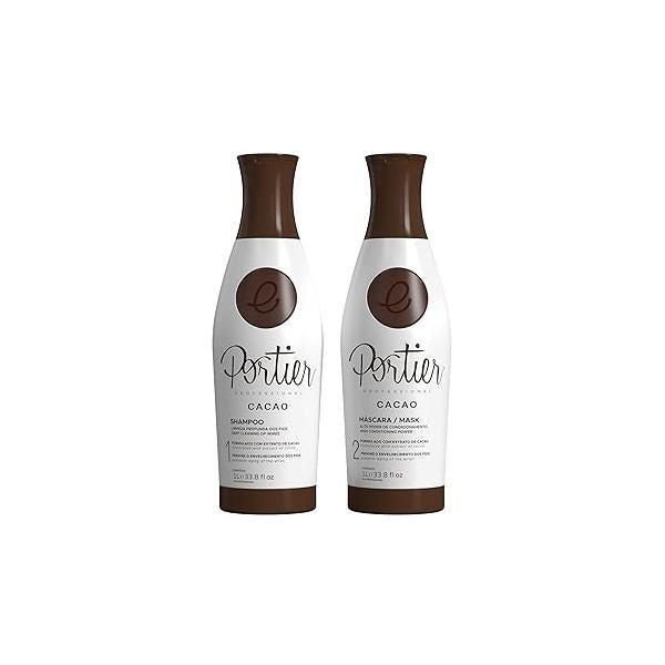 Portier Cacao Shampoo and Brazilian Hair Mask for Dry, Damaged Hair, Advanced 2-Step Treatment, Smoothing Moisturizing Haircare Curly, Color Treated, or Frizzy Hair. Each Bottle is 34fl.oz/1L