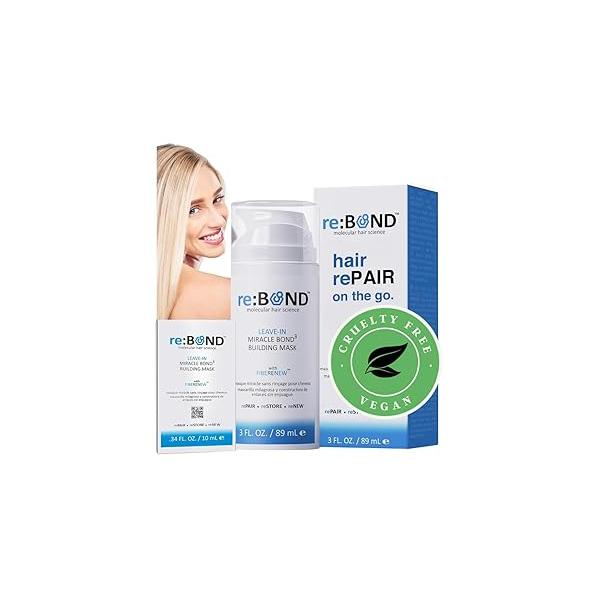 reBOND Leave-in Miracle Bond Building Hair Mask- 4 minute Repair Treatment Deep Conditioning for Bleached, Damaged, Dry, Colored or Frizzy - Set includes: 3oz + .34oz