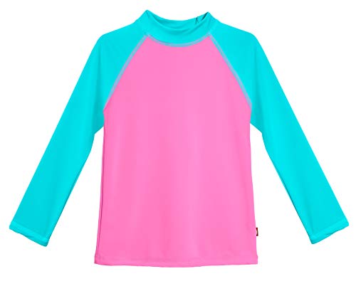 Made in USA Long Sleeve Girls' Rashguard Swimming Suit Swim Tshirt Tee UPF50+ Sun Protection for Beach Pool Summer fun, Medium Pink w/Turquoise, 12/18m