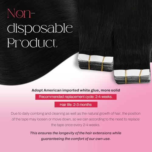 Moresoo Black Tape in Hair Extensions Human Hair Invisible PU Tape in Extensions Straight Glue in Extensions Remy Human Hair Extensions Glue in Straight Hair 18 Inch #1 20pcs 50g