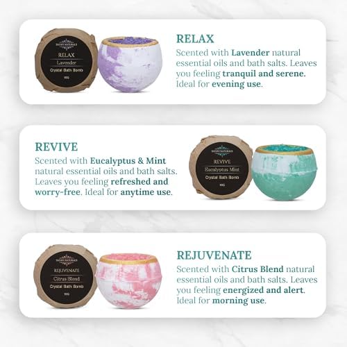Crystal Bath Bombs (6 Pack) Luxurious Aromatherapy Bath Bombs Enriched with Nourishing Bath Salts for Silky Smooth Skin & Pleasantly Scented for an Immersive Zen-Like Experience
