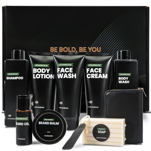 Rinse & Robust Men's Self-Care Gift Set, 10 Pcs Cedarwood Grooming Kit with Bath and Body Wash Gift Set, Beard Oil, Balm & Business Card Case, Unique Gifts for Him Father's Day, Birthday