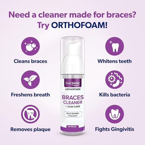 EverSmile OrthoFoam Braces Cleaner — Brushable Foam Whitens Teeth, Eliminates Bacteria, Fights Plaque and Bad Breath – Cleans Under Metal, Ceramic, Clear Brackets and Wires – 50ml