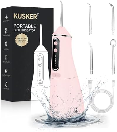 Water Dental Flosser Cordless, KUSKER 500ML Portable Oral Irrigator for Teeth, 5 Modes and 4 Jet Tips, IPX7 Waterproof, Rechargeable for 30-Days Use, Home, Travel, Braces(Warm Pink)