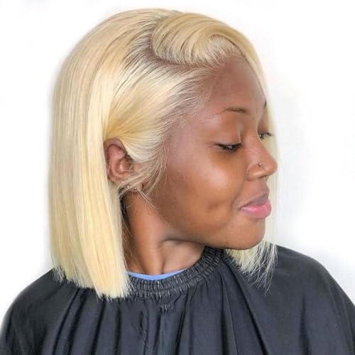 Blonde Bob Wig Human Hair Straight 613 Bob Wig Human Hair 12 Inch 180 Density 613 Blonde Suitable for All Hair Types 13x4 HD Transparent Lace Wigs for Women Glueless Wigs with Baby Hair