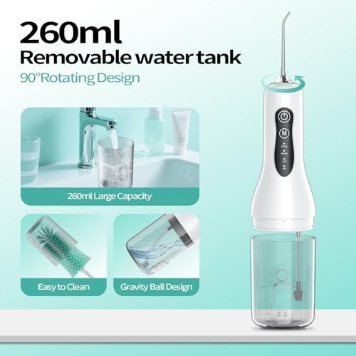 Water Flosser Teeth Cleaner, 4 Modes Rechargeable Portable Cordless Oral Irrigator 260ML Electric Dentel Flossers With DIY Strength, IPX7 Waterproof Travel Flossing Cleaning Picks for Home Light White