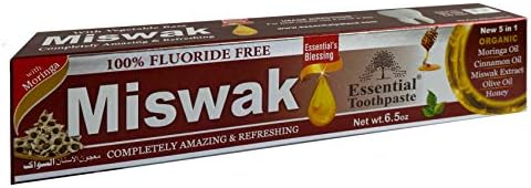 Essential Palace (Pack of 6) Organic Miswak Herbal Whitening Toothpaste - Refreshing- with Moringa Oil, Cinnamon Oil, Miswak Extract, Olive Oil & Honey- 100% Fluoride Free & Vegetable Base - 6.5 Oz