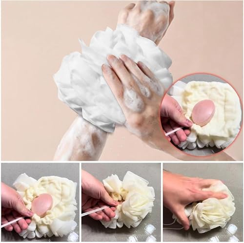 2 in 1 Loofah Washcloth with Soap Pocket & Drawstring, Exfoliating Mesh Shower Scrubber Glove for Body Wash – Soft Reusable Bath Sponge for Men & Women(Purple)