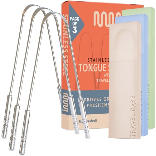 MasterMedi Tongue Scraper for Adults, 100% Stainless Steel Tongue Scrubber for Bad Breath, Easy to Use, Tongue Cleaner for Oral Care & Hygiene (Set of 3 (with Travel Case))