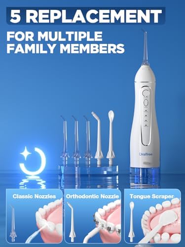 Oralfree Water Dental Flosser Cordless for Teeth Cleaning - 4 Modes Oral Irrigator 300ML Braces Flossers Cleaner, Rechargeable Portable IPX7 Waterproof Powerful Battery for Travel Home