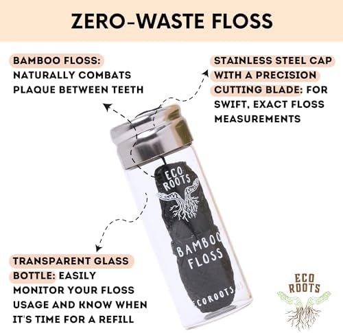 Natural Bamboo Dental Floss: 1 Refillable Glass Container + 3 Biodegradable Bamboo Floss Refill (33 Yards Each), Eco-Friendly, Vegan, Non-Toxic Natural Floss - Refillable Zero Waste Black Thick Floss