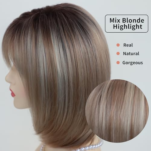 RENERSHOW Layered Blonde Bob Wigs for White Women with Bangs Straight Short Hair Wig Synthetic Ombre Blonde Highlight Bobo Haircuts Natural Daily Party Wig