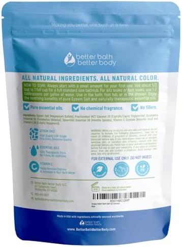 Stress Relief Bath Salt 32 Ounces (2 Lbs) USP Grade Epsom Salt with Natural Spearmint and Eucalyptus Essential Oils Plus Vitamin C in BPA Free Pouch with Easy Press Lock Seal Made in USA