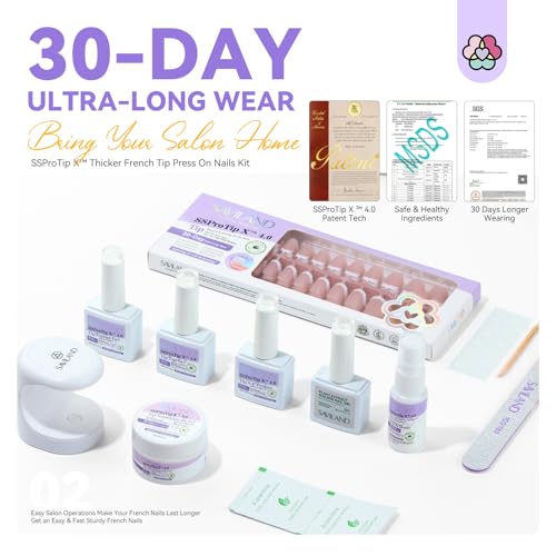 SAVILAND French Gel Nail Kit: Long-lasting Extra Short Square Press On Nails for Women Thick & Perfect Nude French Gels Tips Chip-Free Sturdy-Fit Solid Nail Glue Gel U V/LED Lamp Nail Supplies