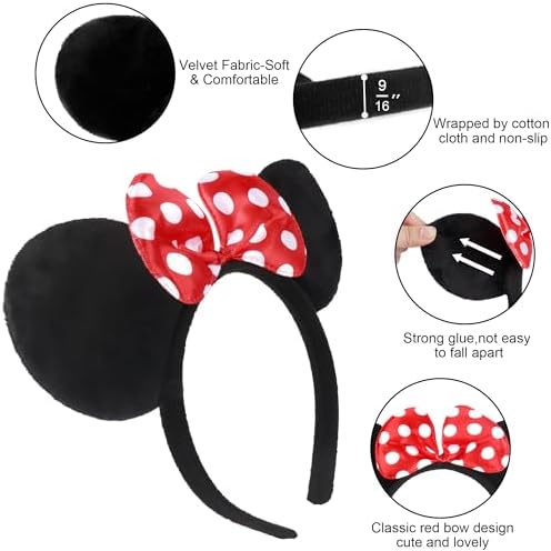 Lucky Will 20 Pack Mouse Ears Headband Classic Solid Black and Red Bow Ears Headbands Bulk for Kids and Adults - Boys & Girls Mouse Themed Birthday Party Supplies