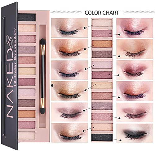 All in One Makeup Kit For Girls12 Colors Matte Shimme Eyeshadow Palette, Buff Beige Foundation Face Primer, Brush, Sponge, Eyebrow Soap Brows Gel, Winged Eyeliner Stamp (SetB)