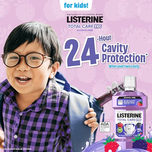 Listerine Total Care Kids Mouthwash, ADA Accepted, Alcohol-Free Anticavity Sodium Fluoride Mouthwash, Oral Rinse for Cavity Protection, Berry Splash Flavor for Kids Oral Care, 16.9 Oz, 6-Pack