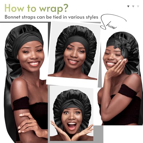 BONNET QUEEN Braid Bonnet Foldable Extra Long Bonnet for Braids Silk Bonnet Satin Bonnet with tie Band Hair Bonnet for Sleeping Night for Locs Black