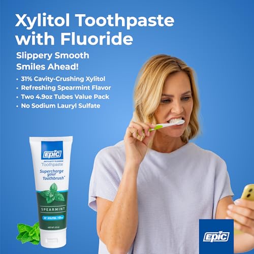 Epic Fluoride & Xylitol Toothpaste for Adults - 31% Xylitol for Clean Teeth - SLS Free Toothpaste with Fluoride for Oral Care - Spearmint Flavored, 4.9oz Tube (Pack of 2)