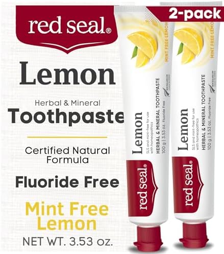 Red Seal Fluoride Free Lemon Toothpaste - Flavored Toothpaste with a Non Mint Taste - Vegan Friendly, Cruelty Free, No Artificial Colors or Flavors, NATRUE Certified Natural, SLS Free, 3.53 oz (2)