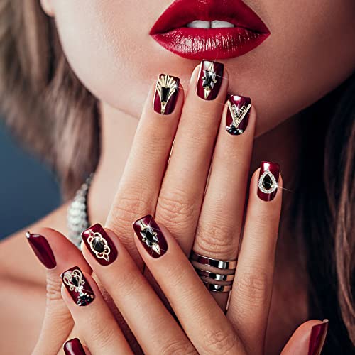 24 Pieces 3D Nail Charms Gold Luxury Black Rhinestones Nail Charms for Acrylic Nails Black Zircon Jewels Crystals Rhinestones with Storage Box for DIY Craft Art