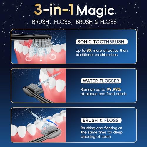 Electric Toothbrush with Water Flosser Combo in One, Professional Flossing Toothbrush for Teeth Cleaning and Flossing, Plaque Removal,Rechargeable with 5 Replacement Brush Heads