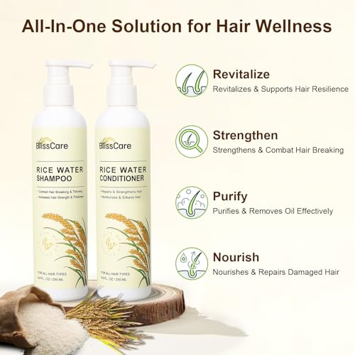 Rice Water Shampoo and Conditioner Set, Strengthen and Revitalize Hair, Nourish Damaged Hair for Women and Men, Hair Care, Restore Shine, Infused with Biotin, Citrus Peel, Rosemary