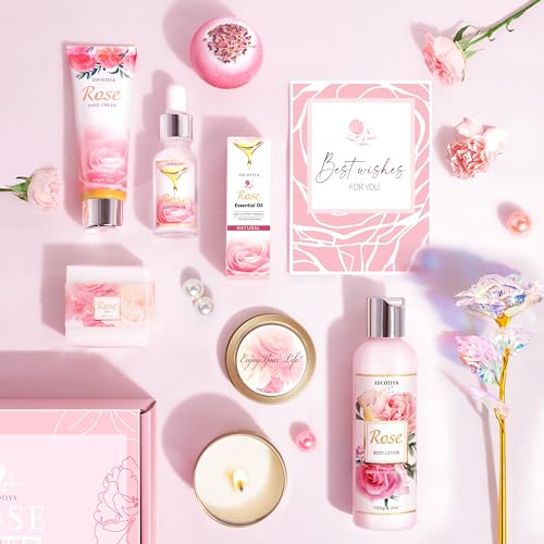 Gifts for Women, Happy Birthday Gifts for Women, Mothers Day Bath and Body Gifts for Woman with Unique Rose Self Care Gift, Home Spa Gift Basket for Mom, Girlfriend, Sister, Female Friends, Coworker