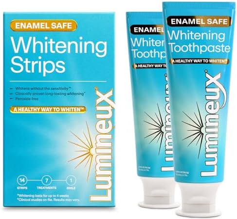 Lumineux Whitening Starter Set – Peroxide Free - Enamel Safe for Whiter Teeth – Includes 7 Whitening Treatments & 2 Pack Whitening Toothpaste, Fluoride Free & Dentist Formulated
