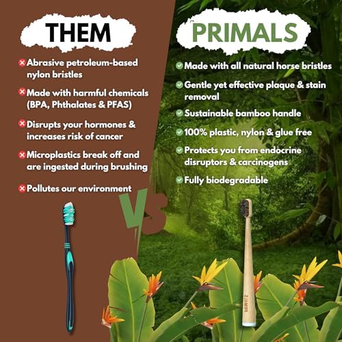 PRIMALS Horse Bristle & Bamboo Toothbrush (4-Pack) - Luxurious & Soft Horse Bristles - Fully Biodegradable - Plastic & Nylon Free - Quick Dry Design