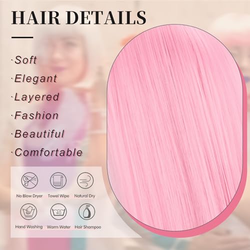 Pink Bob Wig With Bangs - Short Straight Bob Bangs Wig, 12Inch Heat Resistant Synthetic Hair, Natural Looking For Daily Party Use
