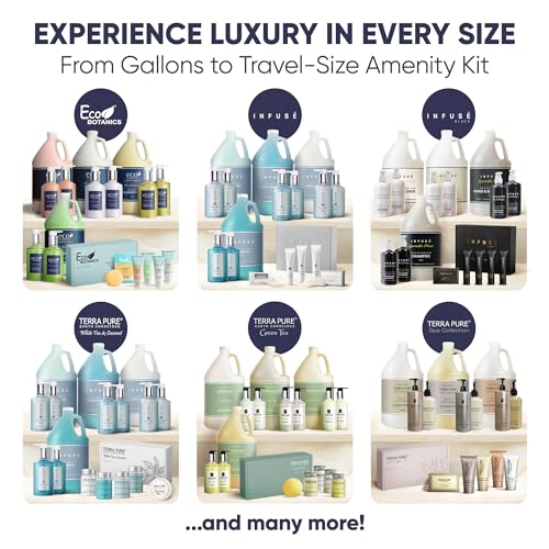 Eco Botanics Amenity Kit | Boxed Hotel Toiletries | Bulk Set .85 oz Travel Size Shampoo, Conditioner, Lotion, Body Wash & Body Bar Soap for Guest Hospitality AirBnB/Vacation Rentals | 15 sets per case