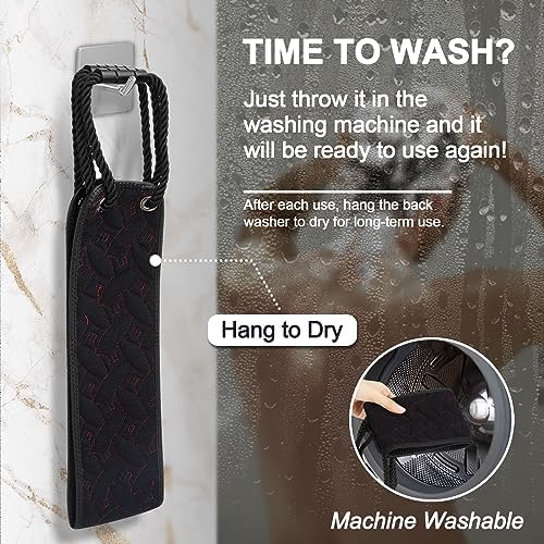 Exfoliating Back Scrubber for Use in Shower, 38.5 Inch Back Washer with Handles, Dual-Sided Body Exfoliator for Daily & Deep Skin Cleaning, Bath Back Scrub Washcloth for Men & Women (Black)