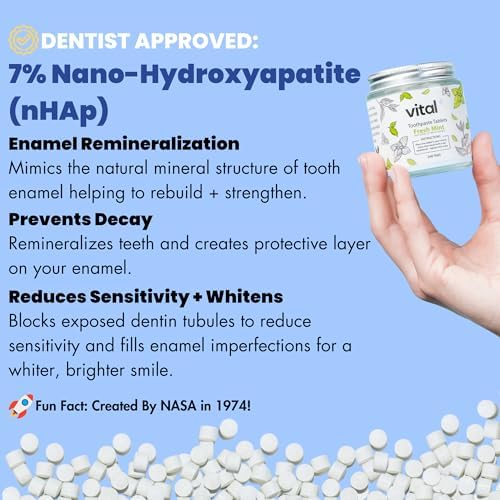 Vital Toothpaste Tabs with Nano-Hydroxyapatite | Naturally Whitens + Remineralizes Teeth | Fluoride & Plastic Free | Combats Sensitivity | Travel & Eco Friendly | Fresh Mint | 62 Tablets (1 Month)