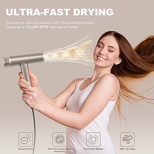 YAPOY Professional Hair Dryer with Diffuser Fast Drying 200 Million Ionic Blow Dryer with 110, 000 RPM High-Speed No Heat Damage Intelligent Thermo-Control Low Noise, Silver