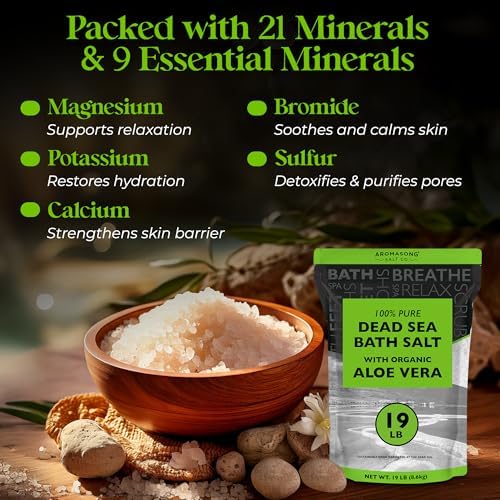 Aromasong Dead Sea Salt with Organic Aloe Vera, Spa Bath Salts, 19 Lbs Fine Bulk resealable Pack, 100% Pure & Natural, Soak for Women & Men for Tired Muscles & Skin Issues (Packaging May Vary)