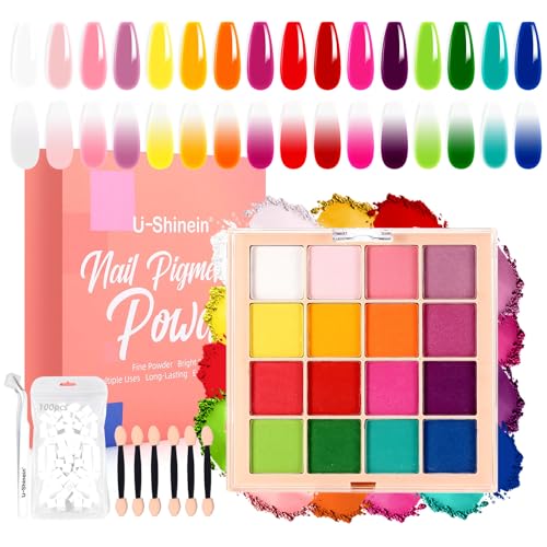 Nail Pigment Powder Palette Set, 16 Colors Ombre Nail Powder Palette with 100pcs Sponges & Tweezers French Aura Nails Ombre Nail Brush Nail Long-lasting Manicure Art DIY Accessories