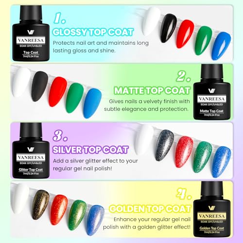 VANREESA 60 Pcs Gel Nail Polish Set, 55 Colors Gel Polish with Base Coat & 4 Effects Top Coat Full-Color Gel Polish Set All Seasons Nail Kit Gifts for Women Girls Nail Salon at Home