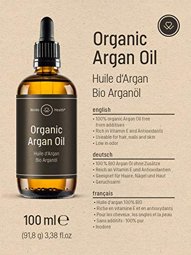 Organic Argan Oil Cold Pressed 3.4 Fl Oz - Moroccan Beauty Oil for Hair, Skin, Nails & Face, Vitamin E Rich, Non-Greasy, Natural Moisturizer