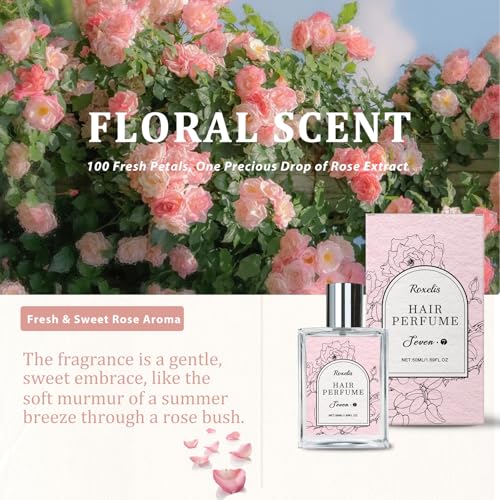 Hair Perfume for Women, Long-Lasting Pheromone Perfume oil Sweet Rose Floral Fragrance, Castor oil & Vitamin E for Nourishing and Hydrating Hair Shine Spray, 1.69 fl.oz