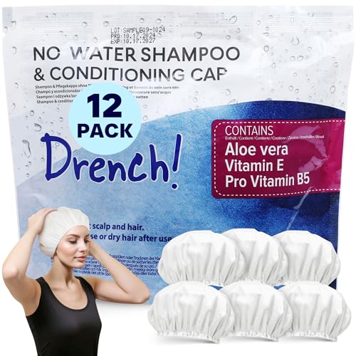 Drench No Water Hair Washing Cap - Waterless Shower Caps with Shampoo and Conditioner - Disposable Rinse Free Wash Aids - Ideal for Elderly and Disabled - Pack of 12