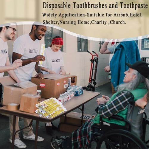Disposable Toothbrushes with Toothpaste,200 Pack Yellow Hollow Individually Wrapped Disposable Travel Toothbrushes Kit in Bulk for Homeless,Nursing Home,Hotel,Charity