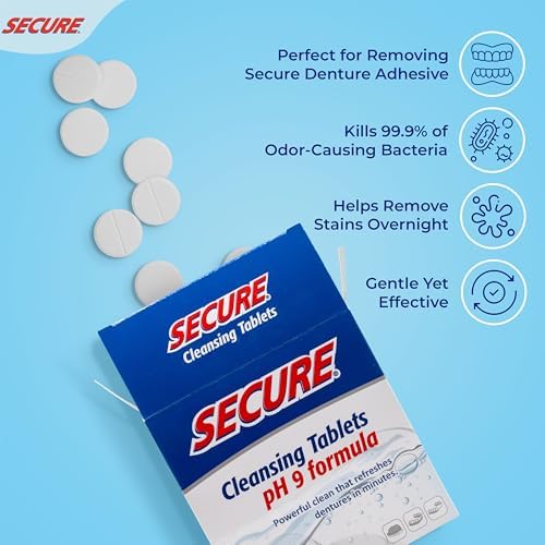 Secure Daily Cleansing Tablets - pH 9 Formula Thoroughly Cleans Dentures - FSA & HSA Approved - Fights Odors, Stains & Germs - For Dentures, Nightguards, Retainers & Partials - 32 Tablets (4 Pack)