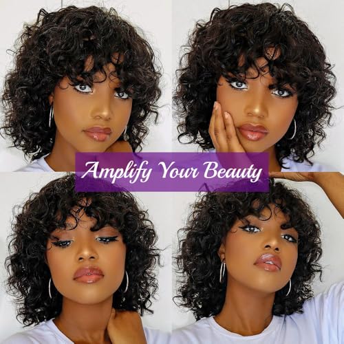 OnePart human wigs short water wave wig with bangs WWM2367M 100% brazilian virgin human hair machine made glueless for black women natural black 12inch